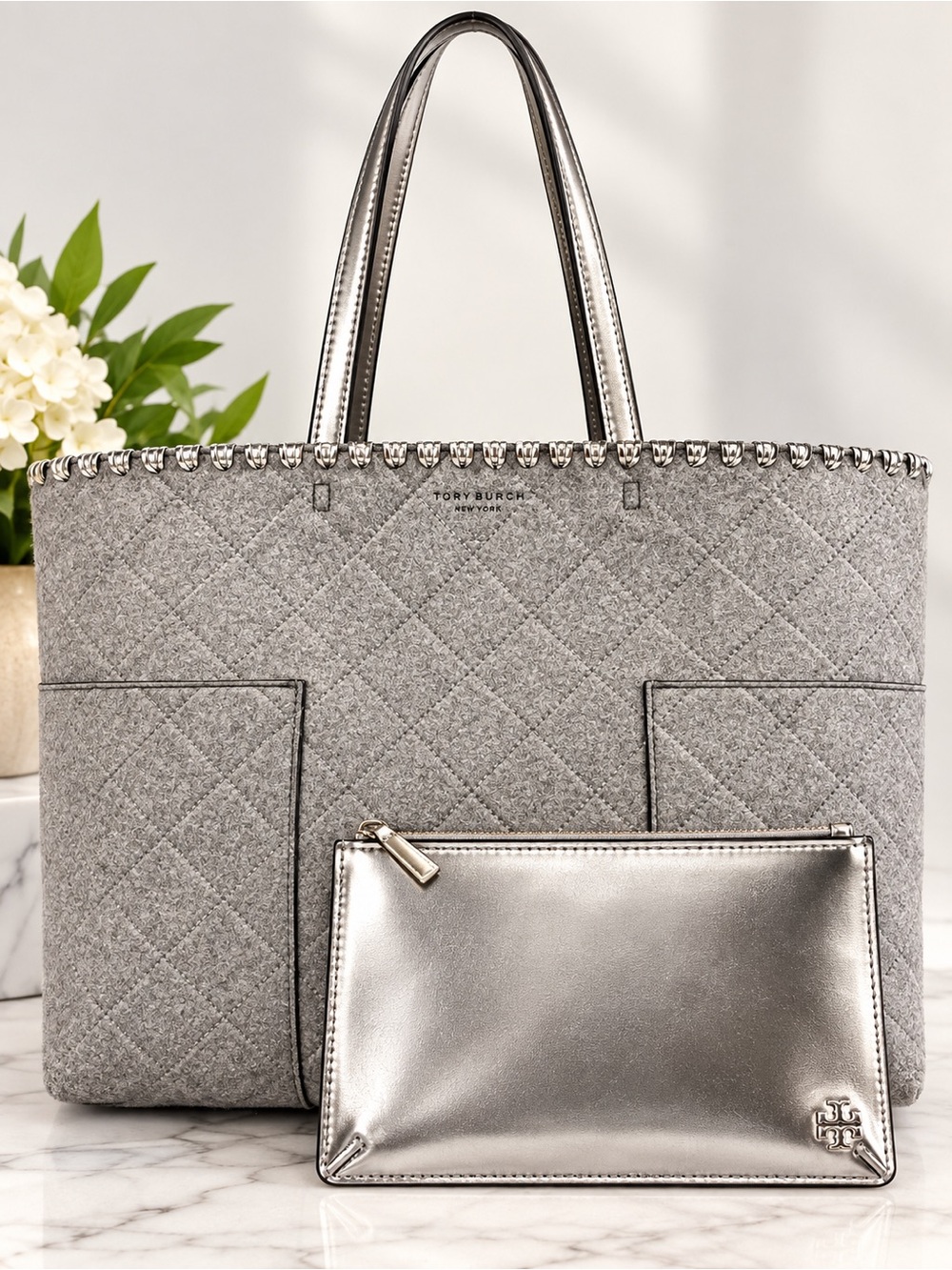 Tory Burch Block T Quilted Gray Felt Tote with Metallic Silver Pouch (rack)